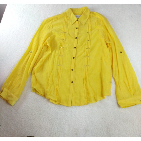 Alfred‎ Dunner Womens Button Up Shirt Top Size Medium Yellow Collared Roll Tab - Picture 1 of 10